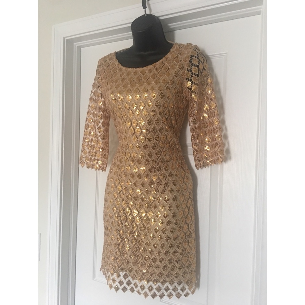 Gold Sequins 3/4 Sleeve Mini Dress - Picture 3 of 4